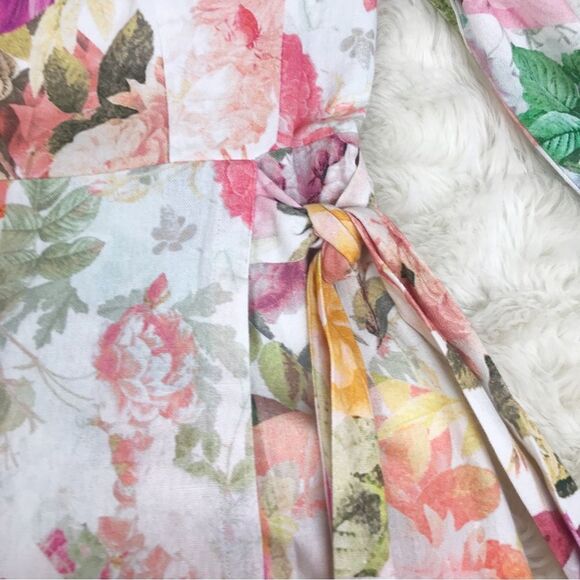 VINCE CAMUTO Floral Cotton Linen Mini Dress‎ Tie Waist Pink Green Size 2 6 New - Picture 7 of 16